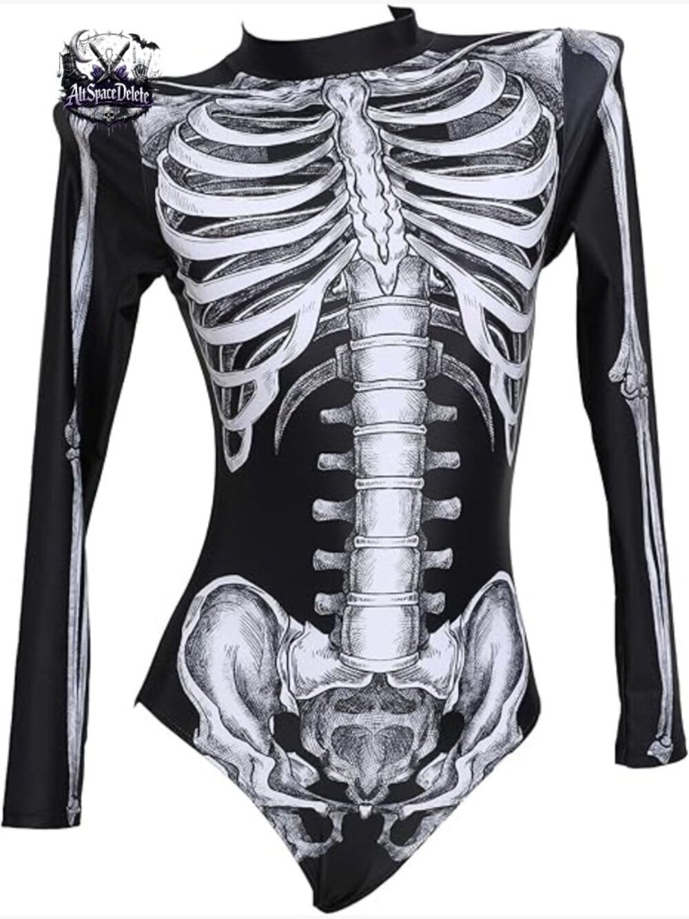 Long Sleeve One Piece Swimsuit with Skull Graphic Zipper Back